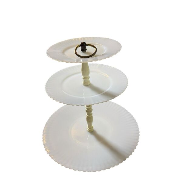 Depression MacBeth Evans Glass Petalware Monax White 3 Tiered Tidbit Server - Picture 3 of 11